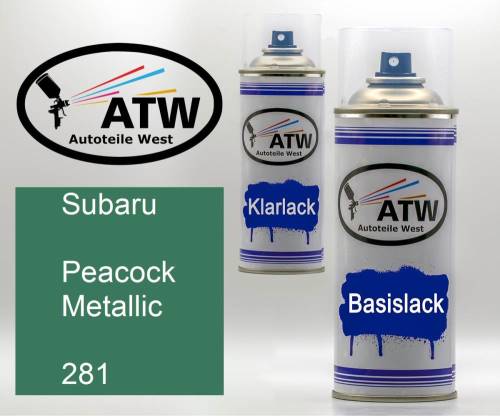 Subaru, Peacock Metallic, 281: 400ml Sprühdose + 400ml Klarlack - Set, von ATW Autoteile West.